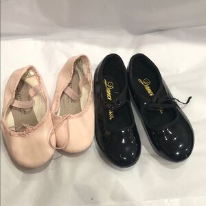 2pairs Little girls pink ballet flats‎ and glossy black tap dance shoes size 11